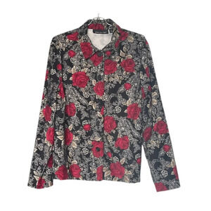 Briggs New York Black Floral Print Faux Suede Button Down Jacket Women’s Large